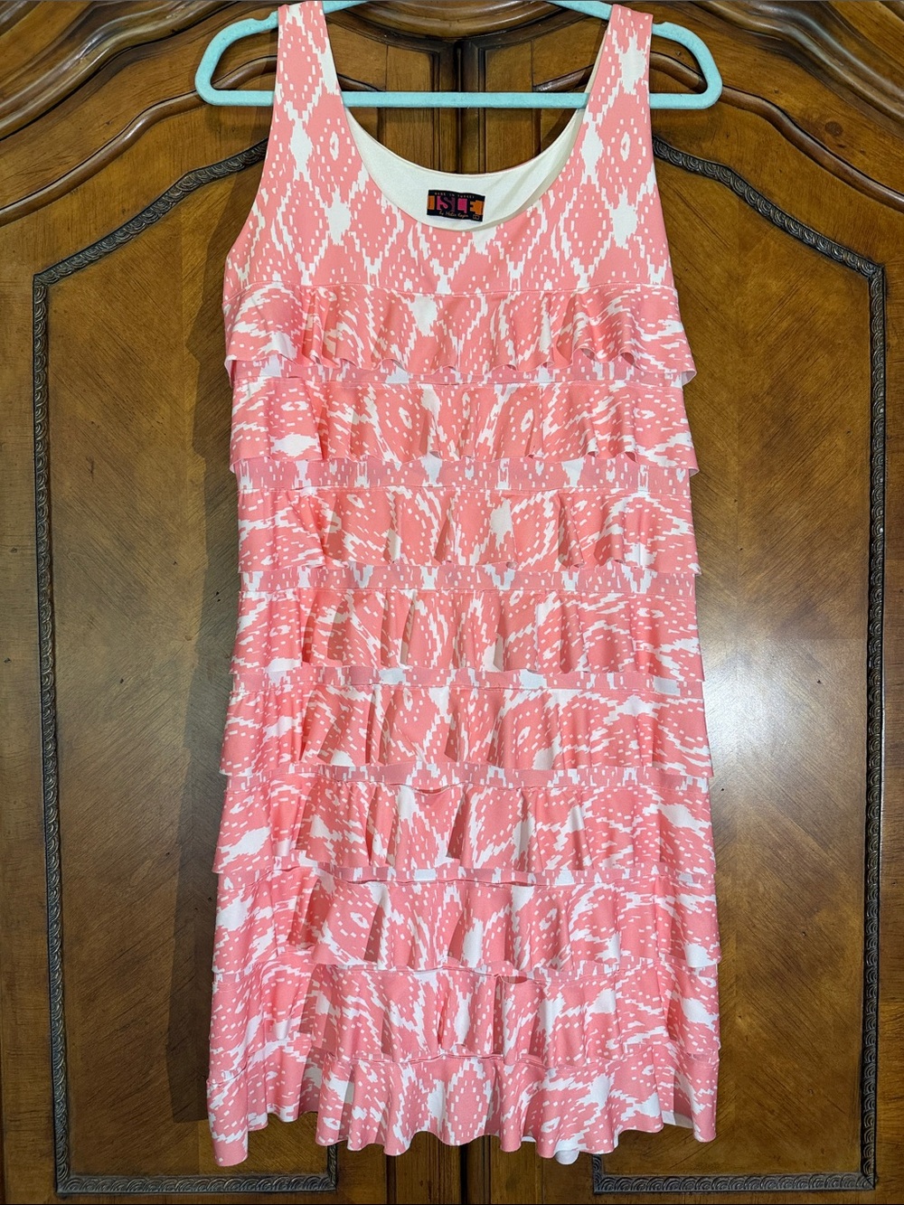 Sleeveless Coral & White Ruffle Midi Dress